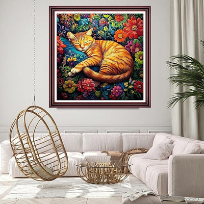 DMCCRAFT Stamped Cross Stitch Kits for Adults 11CT Printed Cross-Stitch Patterns Embroidery Kits Easy Cross Stitching Needlepoint Kits Crossstitch-Cat Flowers 18x18 inch