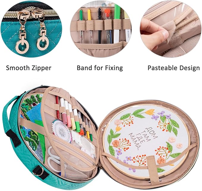 | Round Embroidery Bag - Storage Organizer with Multiple Pockets for Cross Stitch & Embroidery Kits