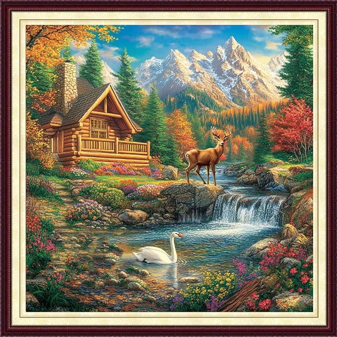DMCCRAFT Stamped Cross Stitch Kits for Adults 11CT Printed Cross-Stitch Patterns Embroidery Kits Easy Cross Stitching Needlepoint Kits&Dreamy Home Elk 18x18 inch