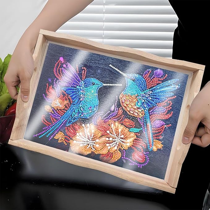 DIY Diamond Art Wooden Tray Kit With Handle, Food Tray for Breakfast, Bar Dinner Table Decoration, Diamond Dots Gem Painting Art Set for Beginners-#23-Hummingbird