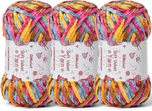 3x100g Fluffy Velvet Chenille Yarn for Crocheting and Knitting, 3x87.4yd Baby Yarn for Crocheting Soft, Crochet Chunky Yarns Amigurumi Yarns (Sunrise)