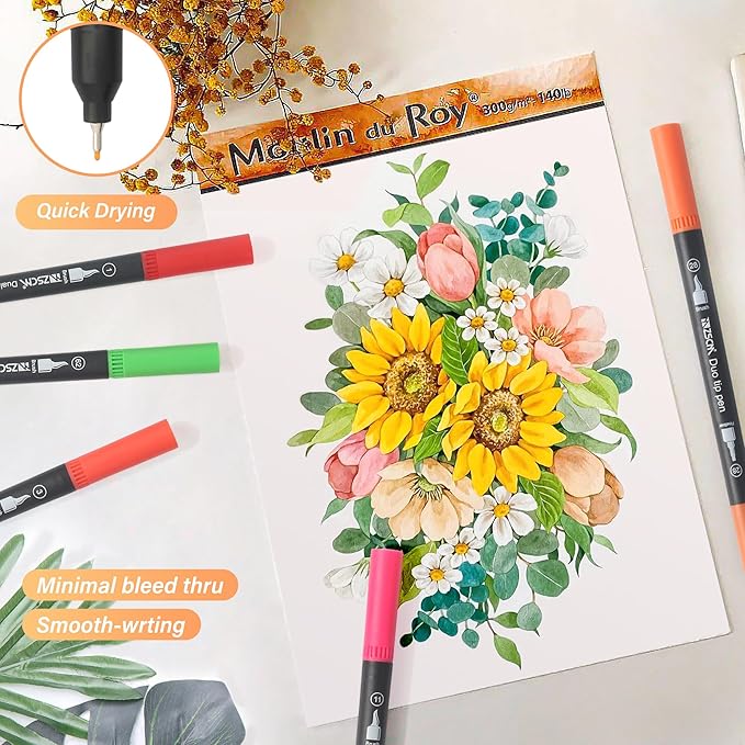 ZSCM 60 Colors Markers for Adult Coloring Books No Bleeding - Duo Tip Brush Pen, Artist Fine & Brush Coloring Markers for Adult Calligraphy, Drawing, Sketching & Journaling