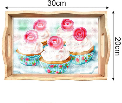 FGbaby DIY 5D Cake Diamond Painting Wood Serving Tray with Handles Diamond Art Decorative Serving Trays Wooden Tray for Breakfast in Bed, Patio, BBQ, Coffee Table, Party –Great for Lap & Couch