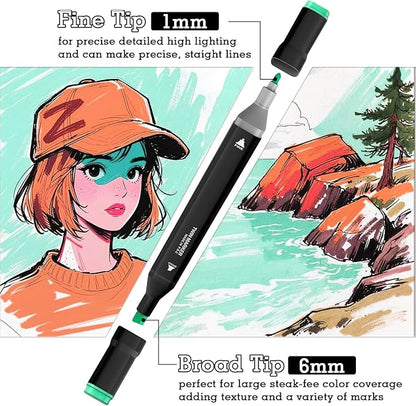 Cautyfky 60 Colors Dual Tip Alcohol Markers, Dual Tips Art Markers, Permanent Sketch Marker Set for Adults Coloring, Painting, Sketching, Illustrations