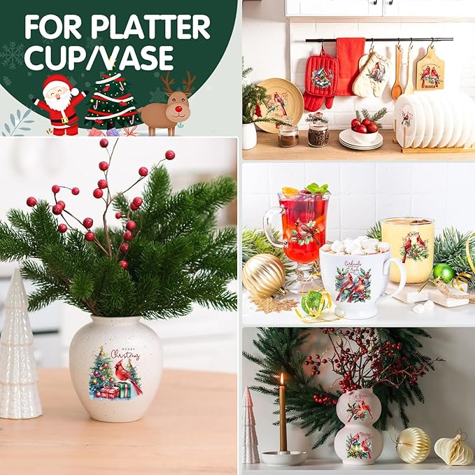 24 Sheets Vintage Christmas Rub On Transfers for Crafts, Rub On Transfers Christmas for Wood，Furniture Decals, Glass, Porcelain, Leather, Canvas, Fabric Projects,3 * 3inch(Cardinal Christmas)