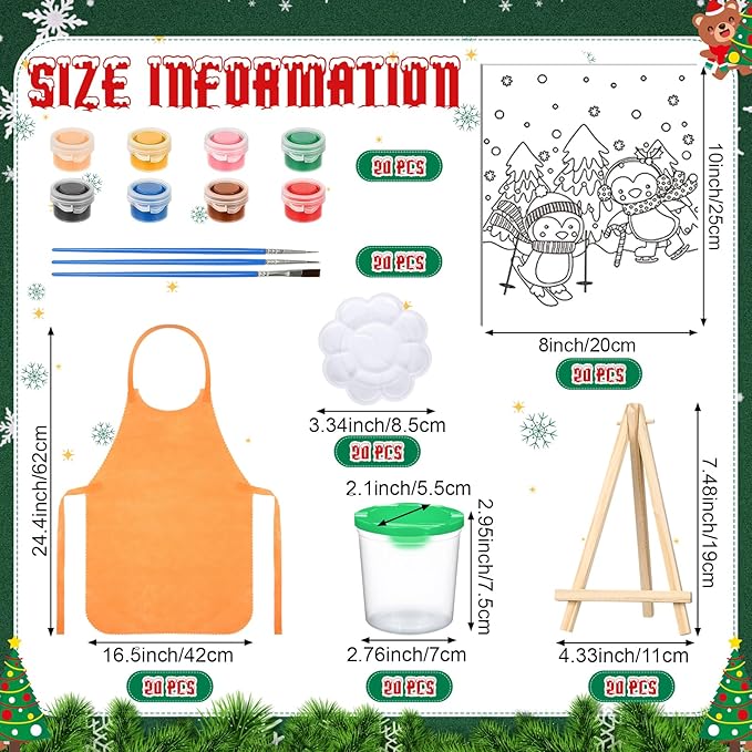 Sherr 140 Pcs 20 Set Pre Drawn Canvas Kit for Painting Craft Sip and Paint Kit for Adults Pre Printed Canvas Painting Favor for Virtual DIY Birthday Gifts Adult's Date Party(Christmas)