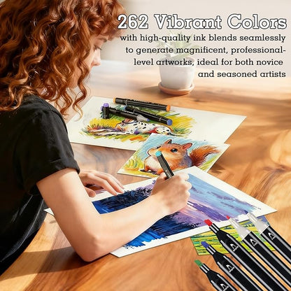 Cautyfky 262 Colors Dual Tip Alcohol Markers, Dual Tips Art Markers, Permanent Sketch Marker Set for Adults Coloring, Painting, Sketching, Illustrations