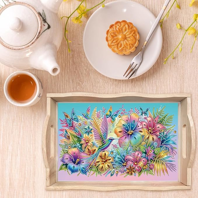 DIY Diamond Art Wooden Tray Kit, Food Tray with Handle Diamond Painted Table Decoration Tray, for Breakfast, Bar Dinner Table Diamond Dots Gem Painting Art Set for Beginners-#41-Hummingbird