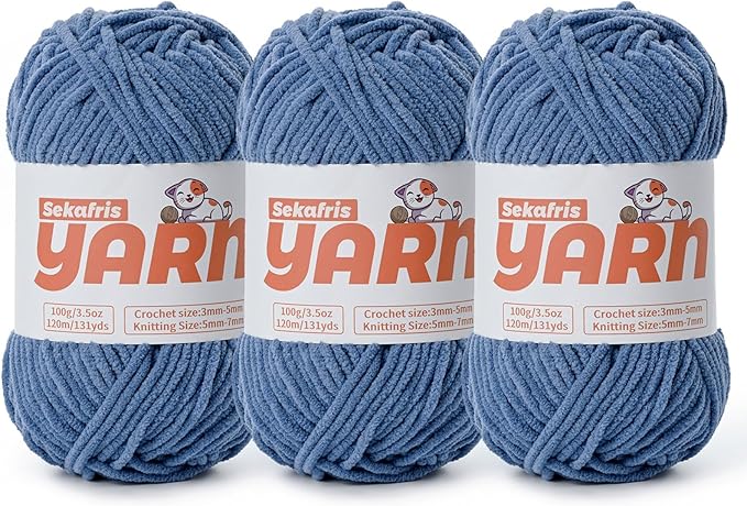 3 Pack Plush Chunky Chenille Yarn for Crocheting, Soft Fluffy Velvet Yarn for Crocheting, Fuzzy Baby Blanket Knitting Yarn, 300g/393yds Bulky Amigurumi Yarns（3 Navy Blue）