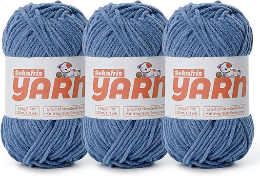 3 Pack Plush Chunky Chenille Yarn for Crocheting, Soft Fluffy Velvet Yarn for Crocheting, Fuzzy Baby Blanket Knitting Yarn, 300g/393yds Bulky Amigurumi Yarns（3 Navy Blue）