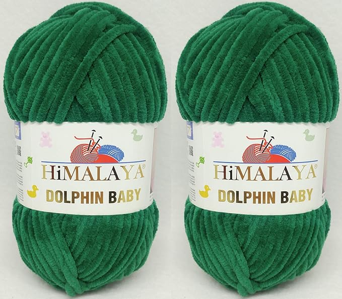 2 Skein/Pack Himalaya Dolphin Baby Chenille Yarn, Each Ball 100 gr (3.5 oz), 120 m (132 Yards), 100% Polyester, Super Bulky Baby Blanket Velvet Amigurumi Yarn, 80362 - Dark Green