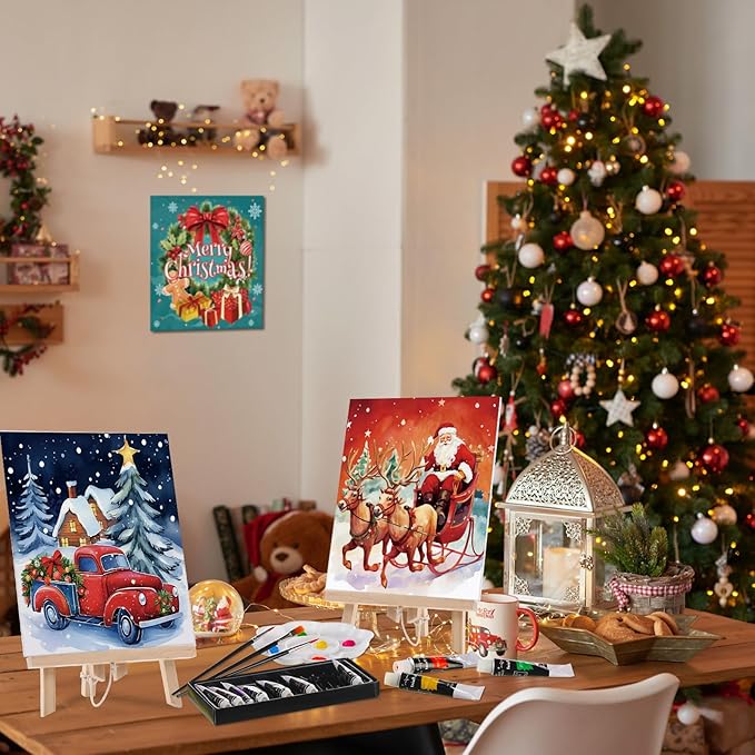 Cholemy 36 Pcs Valentine Paint and Sip Kit for Adults 8''x10'' Pre Drawn Canvas for Painting DIY Afro Acrylic Painting Kit Wood Easel Brushes Date Night Bulk for Party Gifts(Christmas A)