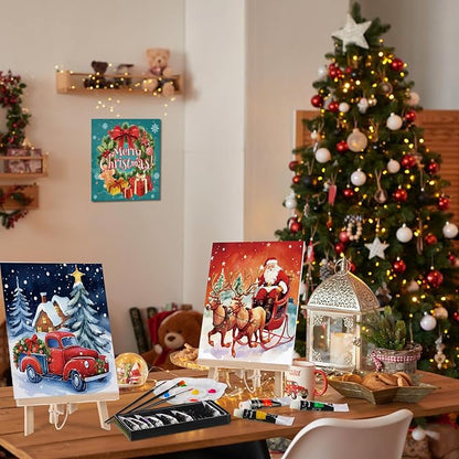 Cholemy 36 Pcs Valentine Paint and Sip Kit for Adults 8''x10'' Pre Drawn Canvas for Painting DIY Afro Acrylic Painting Kit Wood Easel Brushes Date Night Bulk for Party Gifts(Christmas A)