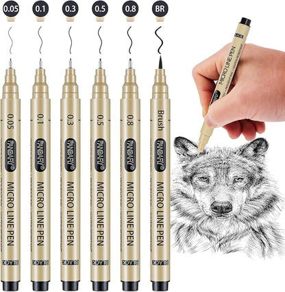 PANDAFLY Black Fineliners Pens, 6 Size Ultra Fine Point Pen, Waterproof Archival Ink, Black Art Pen for Drawing, Micro Pens for Drawing, Sketching, Bible, Watercolor, Artist Illustration, Anime, Manga