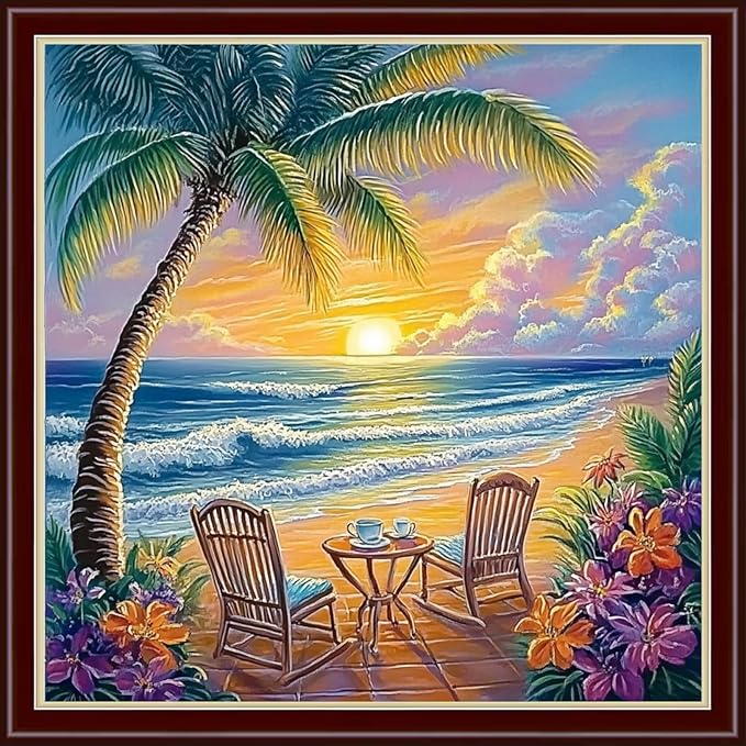 Dimensean Stamped Cross Stitch Kits Full Range of Embroidery Patterns Starter Kits for Beginners Adult DIY Cross Stitches Needlepoint Kits 11CT-Rest at Sunrise by The Seaside 18x18 inch