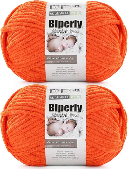 6 Super Bulky Velvet Chenille Yarn for Crocheting - 2 Skein of 200g/7 oz - Ultra Soft Heavy Weight Chunky Knitting Yarn for Baby Blankets, Amigurumi, Home Decor（Orange Peel，2 Skein）