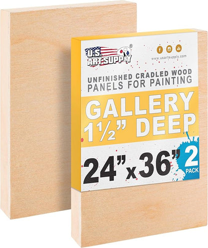 U.S. Art Supply 24" x 36" Unfinished Cradled Wood Panels for Painting, Gallery 1-1/2" Deep (2 Pack) - Artist Depth Wooden Wall Canvases - Mixed-Media Craft, Acrylic, Oil, Encaustic, Paint Pouring