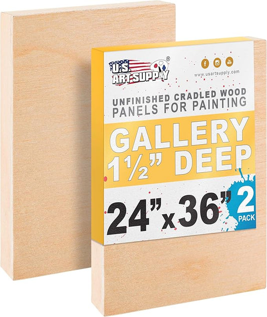 U.S. Art Supply 24" x 36" Unfinished Cradled Wood Panels for Painting, Gallery 1-1/2" Deep (2 Pack) - Artist Depth Wooden Wall Canvases - Mixed-Media Craft, Acrylic, Oil, Encaustic, Paint Pouring