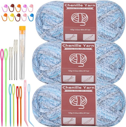 LUNARM Chenille Yarn for Crocheting Knitting, 3 Skein 10.58 oz / 263 Yard Thick Soft Chunky Fluffy Weaving Plush Yarn for Blankets Clothes Pattern with Big Eye Needles(Blue Gray Gradient)
