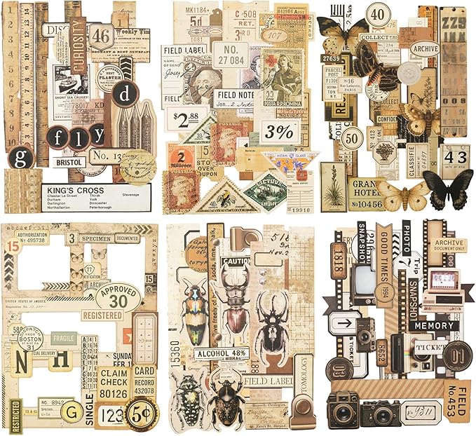 AuriicLeaf Retro Memories Vintage Scrapbook Stickers - 180pcs Aesthetic White Kraft Paper Ephemera Self-Adhesive Die-Cut Designs for Journaling Collage DIY Crafts