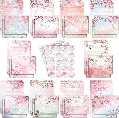 TaoBary 160 Pcs Stationery Paper Set 50 Double Sided Stationery Papers with 50 Matching Envelopes and 60 Round Dot Sticker, 10 Design(Cherry Blossom,5.5 x 8.25 Inch)