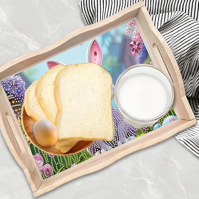 DIY Diamond Art Wooden Tray Kit, Food Tray with Handle Diamond Painted Table Decoration Tray, for Breakfast, Bar Dinner Table Diamond Dots Gem Painting Art Set for Beginners-#39-Easter Bunny