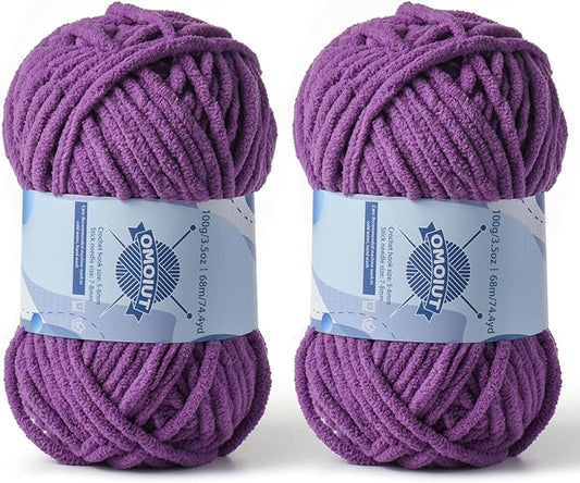 Chunky Chenille Yarn for Crocheting，Baby Yarn for Crocheting Soft Blankets，Bulky Yarns for Crochet Amigurumi，2×100g (2×74.3yds) Fluffy Velvet Yarns for Hand Knitting (2 Purple)