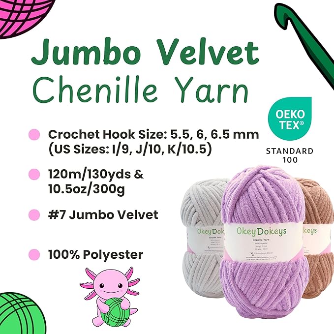 Okey Dokeys 300g Jumbo Velvet Chenille Yarn 7 Jumbo – Plush, No-Fray, Durable Plushies, Posh Soft Crochet Projects Beginner Friendly (130 yds) (Pebble Path Grey (118), 1 Pack (17.90/Skein))