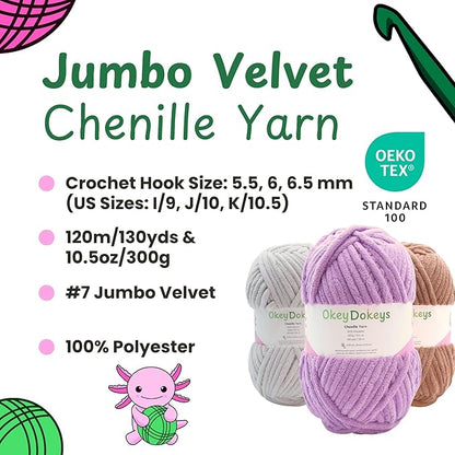 Okey Dokeys 300g Jumbo Velvet Chenille Yarn 7 Jumbo – Plush, No-Fray, Durable Plushies, Posh Soft Crochet Projects Beginner Friendly (130 yds) (Pebble Path Grey (118), 1 Pack (17.90/Skein))