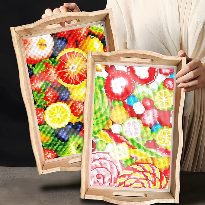 DIY Art Painting Wooden Tray Kit, Food Tray with Handle Diamond Painted Table Decoration Tray, for Breakfast, Bar Dinner Table Diamond Dots Gem Painting Art Set for Beginners (#16-Fruit)