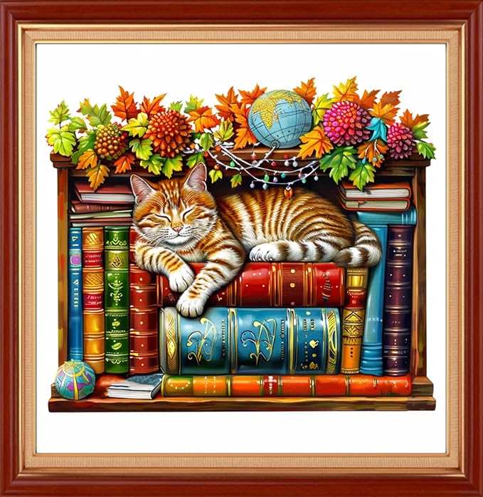 Joyhoor Stamped Cross Stitch Kits for Beginners Needlepoint Kits for Adults Embroidery Kits 11CT Counted Cross Stitch Kits Printed Embroidery Pattern- Bookshelf cat 18x18 inch