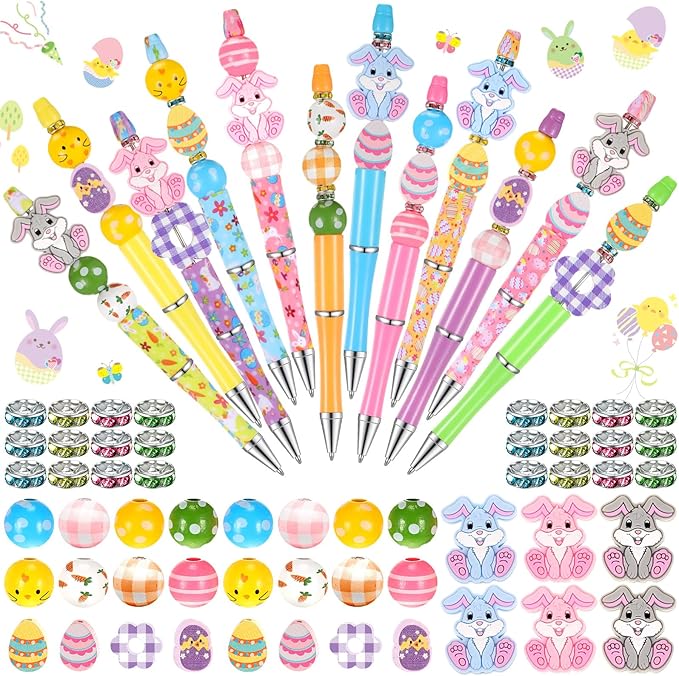 Geyee 12 Set Plastic Beadable Pens Assorted Bead Pens Crystal Wood Round Spacer Set Black Ink DIY Ballpoint for Women Men Gift Office Supplies(Rabbit)
