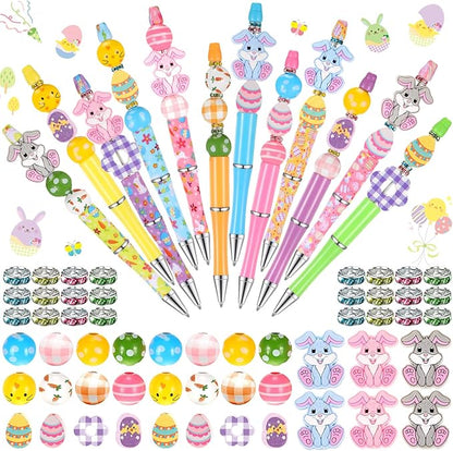 Geyee 12 Set Plastic Beadable Pens Assorted Bead Pens Crystal Wood Round Spacer Set Black Ink DIY Ballpoint for Women Men Gift Office Supplies(Rabbit)