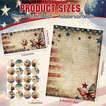 TaoBary 160 Pcs Stationery Paper Set 50 Double Sided Stationery Papers with 50 Matching Envelopes and 60 Round Dot Sticker, 10 Design(Patriotic,8.5 x 11 Inch)