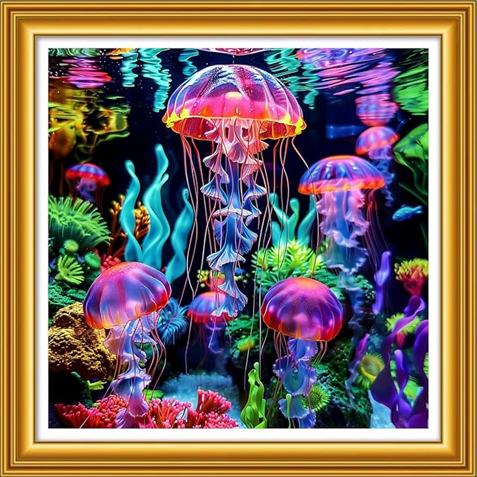 Foxhool Stamped Cross Stitch Kits,11CT Printed Cross Stitch Pattern Full Embroidery Kits for Beginner Needlepoint Kits&Rainbow Jellyfish 18x18 inch