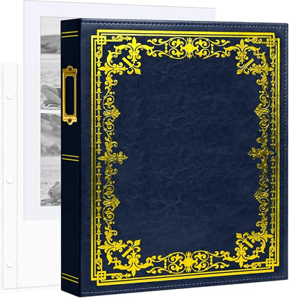 Vienrose Scrapbook Photo Album, 8.5"x11" Faux Leather Cover DIY Scrapbook Album with 50 Sleeves 100 Pages, 3 Ring Vintage Memory Book for Family, Wedding, Birthday, Anniversary, Prussian Blue