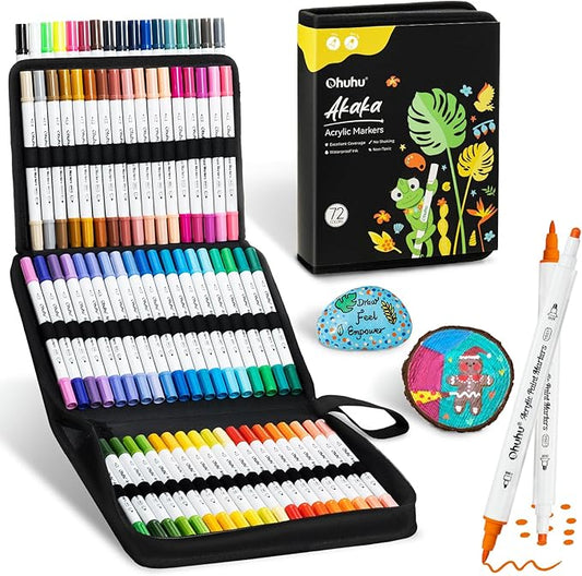 Ohuhu Acrylic Paint Markers Dual Tips: 72 Colors Fine & Dot Paint Pens High Opacity Acrylic Markers Waterproof Lightfast for Christmas Gifts Rock Painting 3D Prints Egg Wood Glass Ceramic DIY Crafts