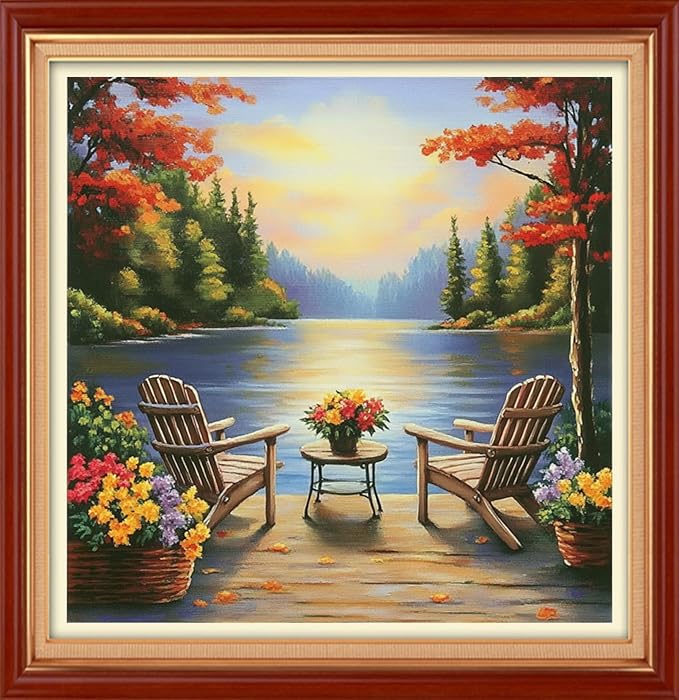 Foxhool Stamped Cross Stitch Kits,11CT Printed Cross Stitch Pattern Full Embroidery Kits for Beginner Needlepoint Kits&Resting Scenery by The Lake 18x18 inch