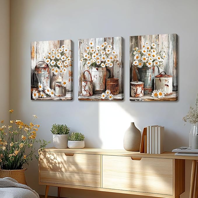 WENGTIAO 3Pcs Rustic Daisy Canvas Wall Art Fall Flower Prints Posters Vintage Country Flora Paintings Pictures Nature Botanical Artwork for Bedroom Living Room Bathroom 16x24x3