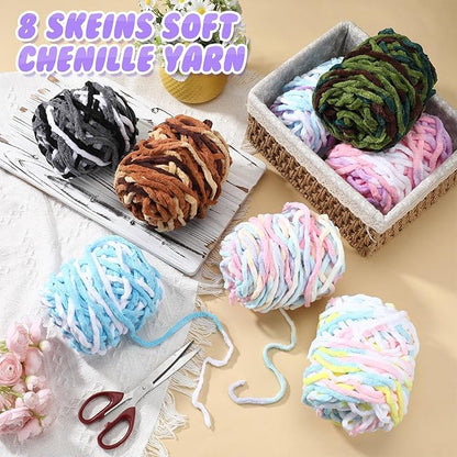 Buryeah 8 Pack Chunky Chenille Yarn for Crocheting Soft Thick Fluffy Yarn for Hand Knitting Bulky Velvet Blanket Plush for Weaving DIY Crafts Each 3.5 oz 55 Yards (Gradient Colors)