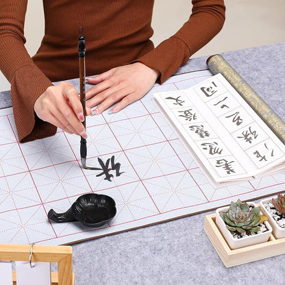 MEGREZ 4 PCS No Ink Chinese Calligraphy Set, Water Writing Cloth Calligraphy Set with Magic Cloth, Brush Pen, Water Dish, Chinese Calligraphy Copy for Beginners, 36 Grids, Yellow