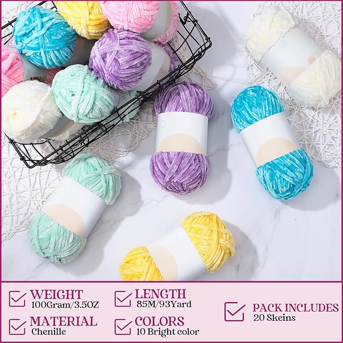 Xinnun 12 Skeins 1116 Yards Chenille Velvet Soft Thick Plush Yarn Bulk for Crocheting Knitting Baby Blanket DIY Weaving Craft, 6mm, 3.5 Oz/Skein(Cute Color)
