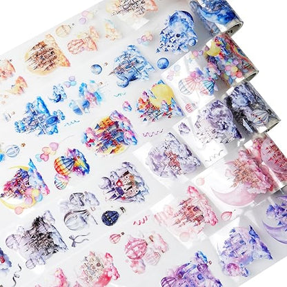 AuriicLeaf Cloud-Themed Pre-Cut PET Tape Set, 6 Rolls of Fantasy Castle and Balloon Stickers for Scrapbooking, Journaling, and DIY Craft Supplies