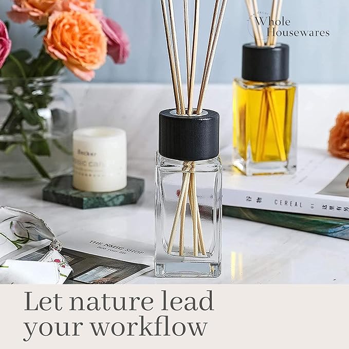 WHOLE HOUSEWARES Natural Diffuser Reeds Bottles Sticks | Clear Glass Home Décor for Kitchen and Living Room | Black Wood Caps | Décorative Fragrance Set with Long Lasting Aroma - Set of 4
