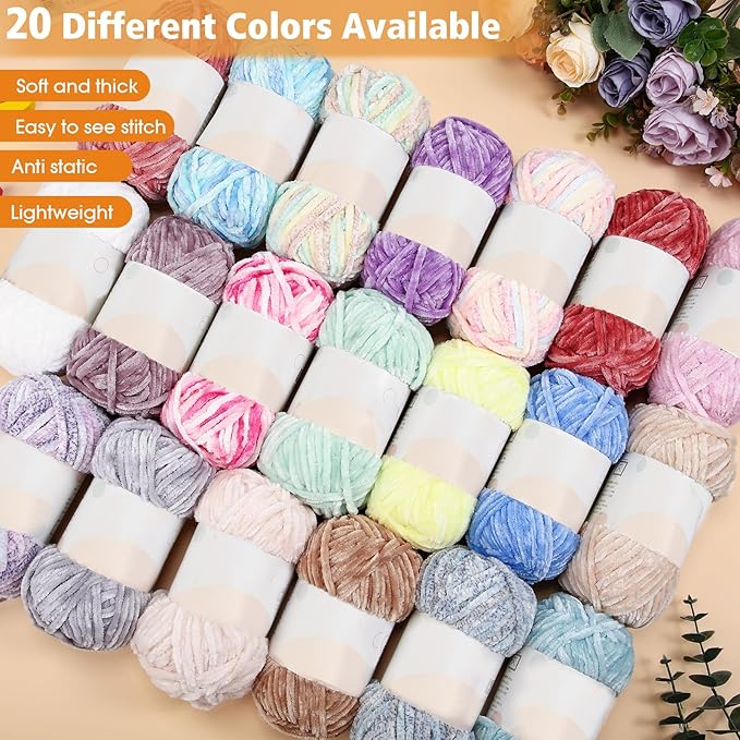 Woanger 20 Skeins Soft Chenille Yarn Velvet Blanket Yarn for Crocheting Hand Knitting Weaving DIY Craft, 93 Yards Each (Vintage Color)