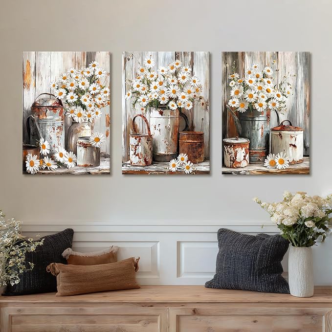 WENGTIAO 3Pcs Rustic Daisy Canvas Wall Art Fall Flower Prints Posters Vintage Country Flora Paintings Pictures Nature Botanical Artwork for Bedroom Living Room Bathroom 16x24x3