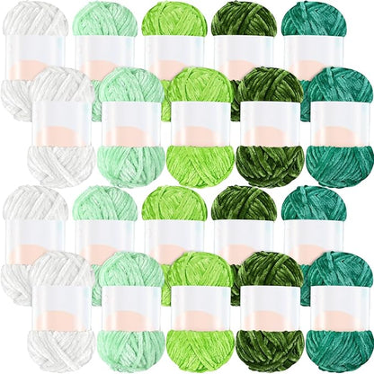 Woanger 20 Skeins Soft Chenille Yarn Velvet Blanket Yarn for Crocheting Hand Knitting Weaving DIY Craft, 10 Colors, 93 Yards Each (Green Tone)