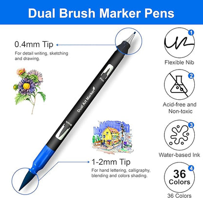 Halobios Dual Brush Marker Pens, 36 Colors Art Markers with Fine and Brush Tip Coloring Markers for Adults, Marker for Journaling Calligraphy Drawing Sketching Doodling Illustrating
