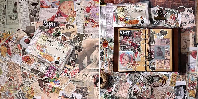Draupnir 200pcs Vintage Junk Journal Supplies,Scrapbook Supplies Scrapbooking Paper and Stickers Ephemera for Art Aesthetic Journaling Kit Collage (Vintage)