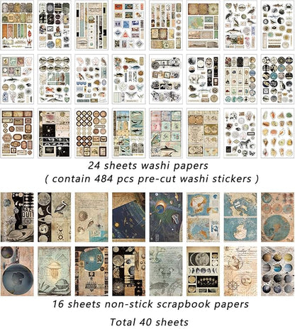 Prstincol Vintage Aesthetic Washi Stickers and Papers for Scrapbooking,40 Sheets Ephemera Book for Art Journaling with Celestial and Ocean Theme Stickers and Decoupage Papers for Junk Journal